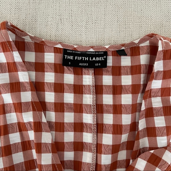 The Fifth Label Orange White Gingham Button Up Tie Front Short Sleeve Midi Dress - Picture 6 of 6